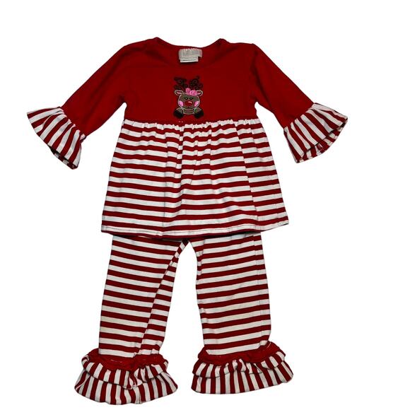 Southern Tops Ruffled Pants Christmas Rudolph Reindeer Red White Outfit Size 3T - Picture 1 of 5